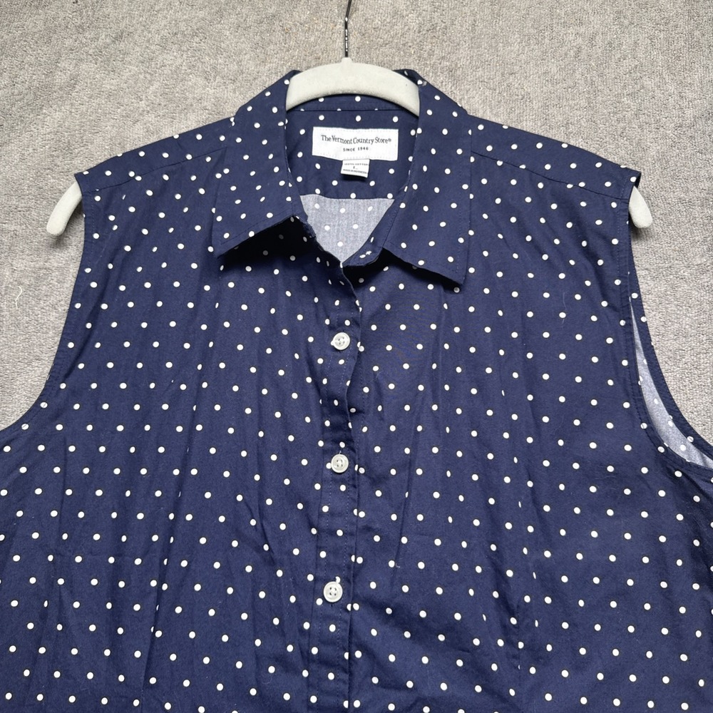 Polka Dot Sleeveless Button Top Womens Large Navy White Retro Cottagecore Cotton